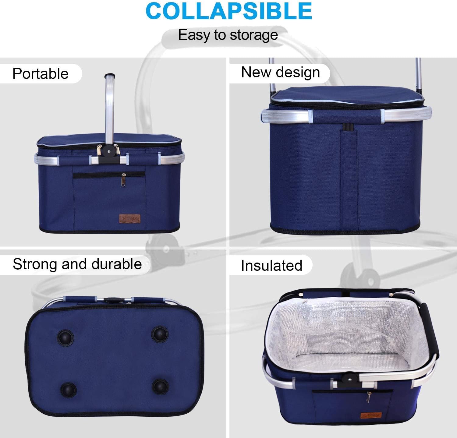 LIQING 35L Large Picnic Basket, Shopping, Travel, Camping Grocery Bags, 2 Layers of Internal Pockets Leak-Proof and Insulated, Folding, Internal Support Does Not Collapse (Blue): Kitchen & Dining