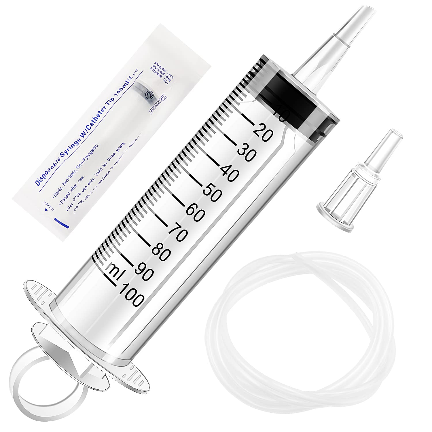 VooGenzek 100ml Liquid Measuring Tool with Tip Cap and 130cm Plastic Tubing, Plastic Multipurpose Liquid-Filling Tube in Individual Wrap, for Scientific Lab, Measuring Liquid, Feeding