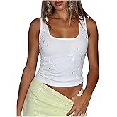 SweatyRocks Women's Rhinestone Square Neck Crop Tops Slim Fit Rib Knit Casual Tank Top