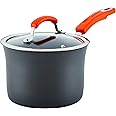 Rachael Ray Brights Hard Anodized Nonstick Sauce Pan/Saucepan with Lid, 3 Quart, Gray with orange handles