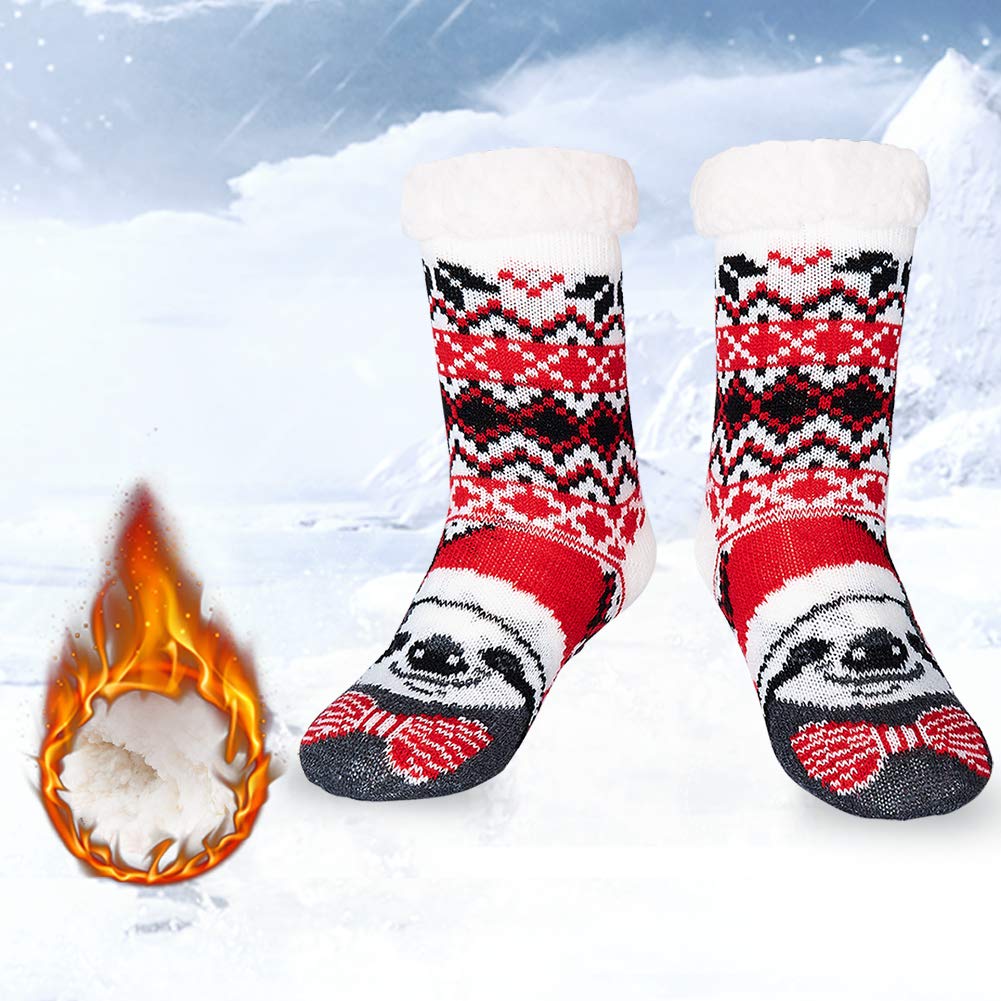 RAISEVERN Christmas Fuzzy Slipper Socks Soft Cozy Comfy Fluffy Lounge Socks With Grippers Pixilated Snowflakes Fat Sloth Childrens Warmth Hosiery Casual