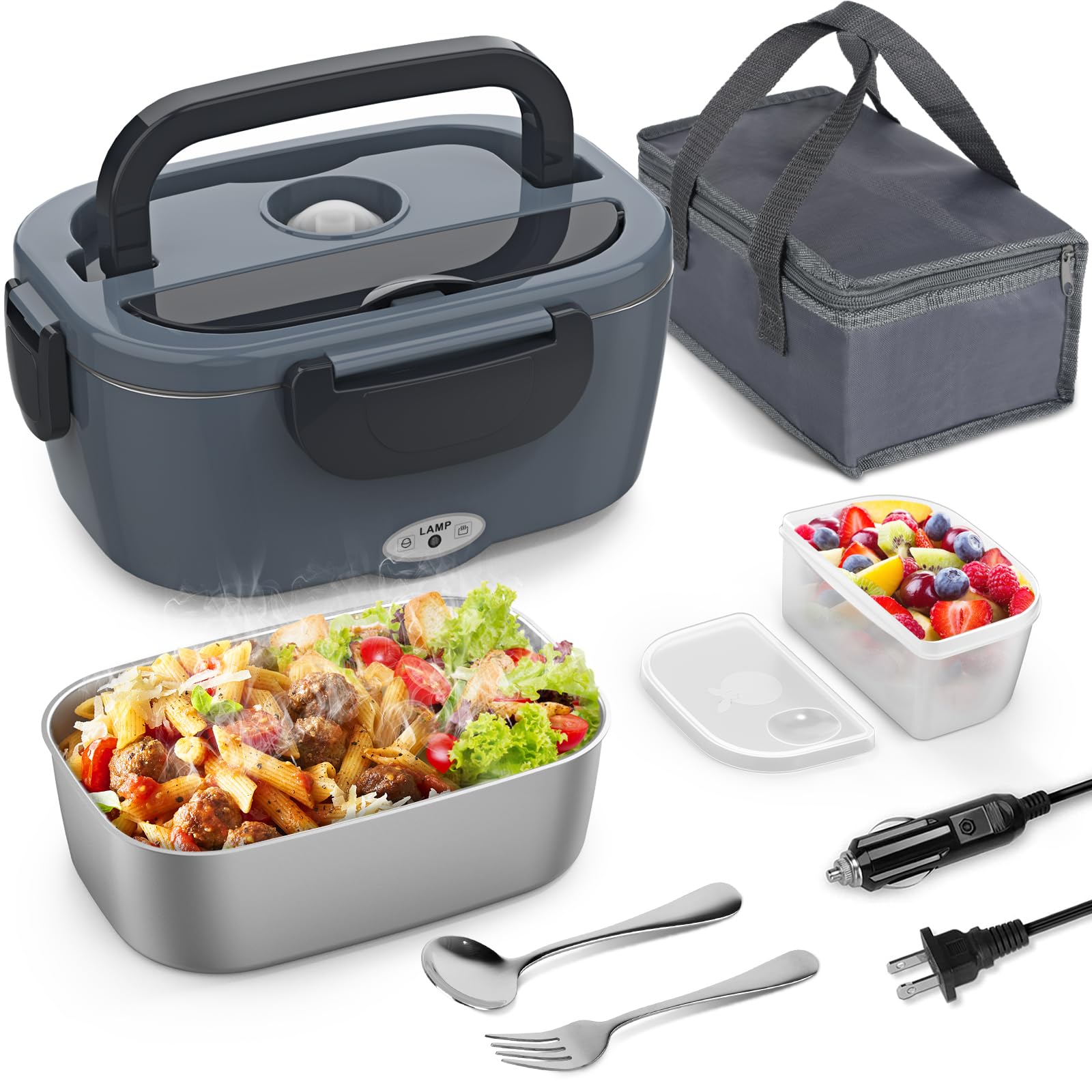 Photo 1 of Vingud Electric Lunch Box Food Heater, 3 in 1 Heating Lunch Box for Work/Car/Truck, Heated Lunch Boxes for Adults with 1.5L Stainless Steel Container, 12V 24V 110V (Grey + Black)