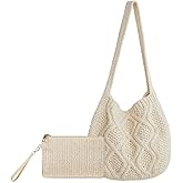 Crochet Bag for Women Crochet Tote Bag with Wristlet Wallet Bohemian Aesthetic Shoulder Handbag for Women Summer Beach(Elegant Style)