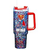 Spoontiques Superman 40oz Glitter Acrylic Travel Mug - Double Wall Acrylic with Sliding Lock Travel Lid and Straw - 11" Tall