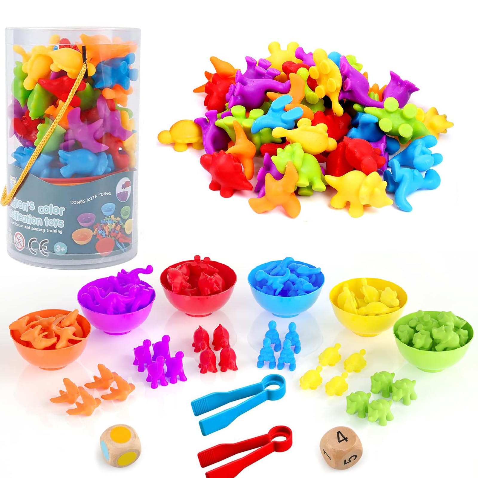 Dinosaurs Sorting Toys - Colour Sorting Toys for Toddlers 58-Piece Montessori Counting Dinosaur Toys with Matching Sorting Cups Dices and Tweezers, Educational Learning Toys for 3 4 5 Years Old