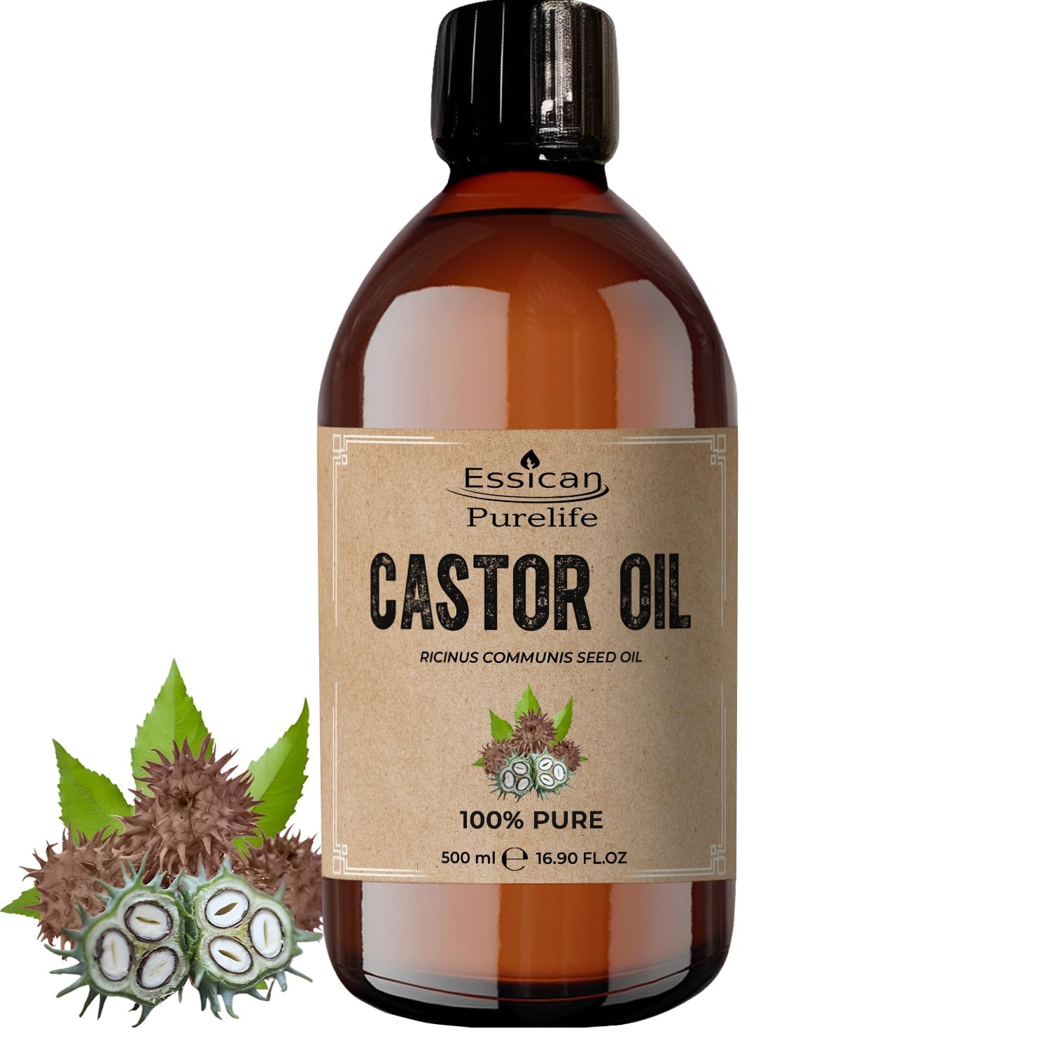 Essican Purelife Pure Castor Oil for Eyelashes 500ml, Fresh & Cold Pressed Castor Oil for Hair Growth, Skin Hydration, Eyebrow Oils Enhancement - Ideal for Body, Beard & Nails, Cruelty-Free