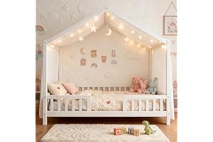 Ball & Cast Twin Size Montessori Floor Bed,House Shape Toddler Bed Frame for Kids with Canopy,Montessori Bedframe W/Roof,for Girls,Boys,Bedroom,Playroom,Easy Assembly & No Box Spring Needed,White