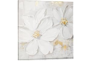 ARBORUS Wall Art Flower Small Canvas Oil Painting Hand Painted White Maglonia Floral Pictures Aesthetic Botanical Artwork for Living Room Bedroom Hotel Decoration, 11.8" x 11.8"