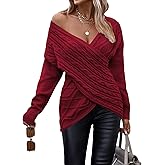 WDIRARA Women's Wrap V Neck Criss Cross Long Sleeve Asymmetrical Sweater Cable Knit Tops