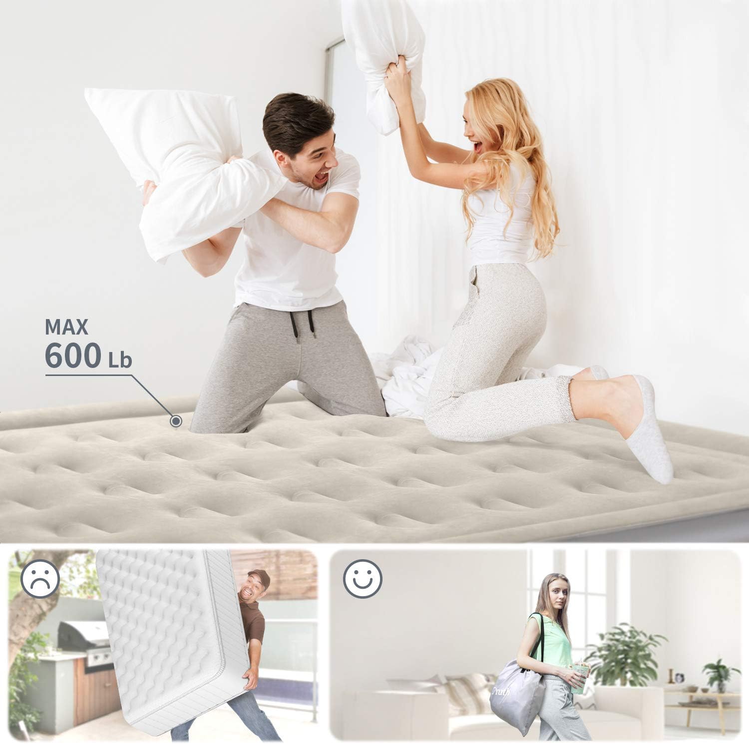 Queen Air Mattress With 120V AC Built-In Pump For Guest, Inflatable Raised Air Bed With Comfortable Top, Elevated Foldable & Portable Airbed With Durable Carrying Bag For Camping, 80×60×18 Inch : Sports & Outdoors