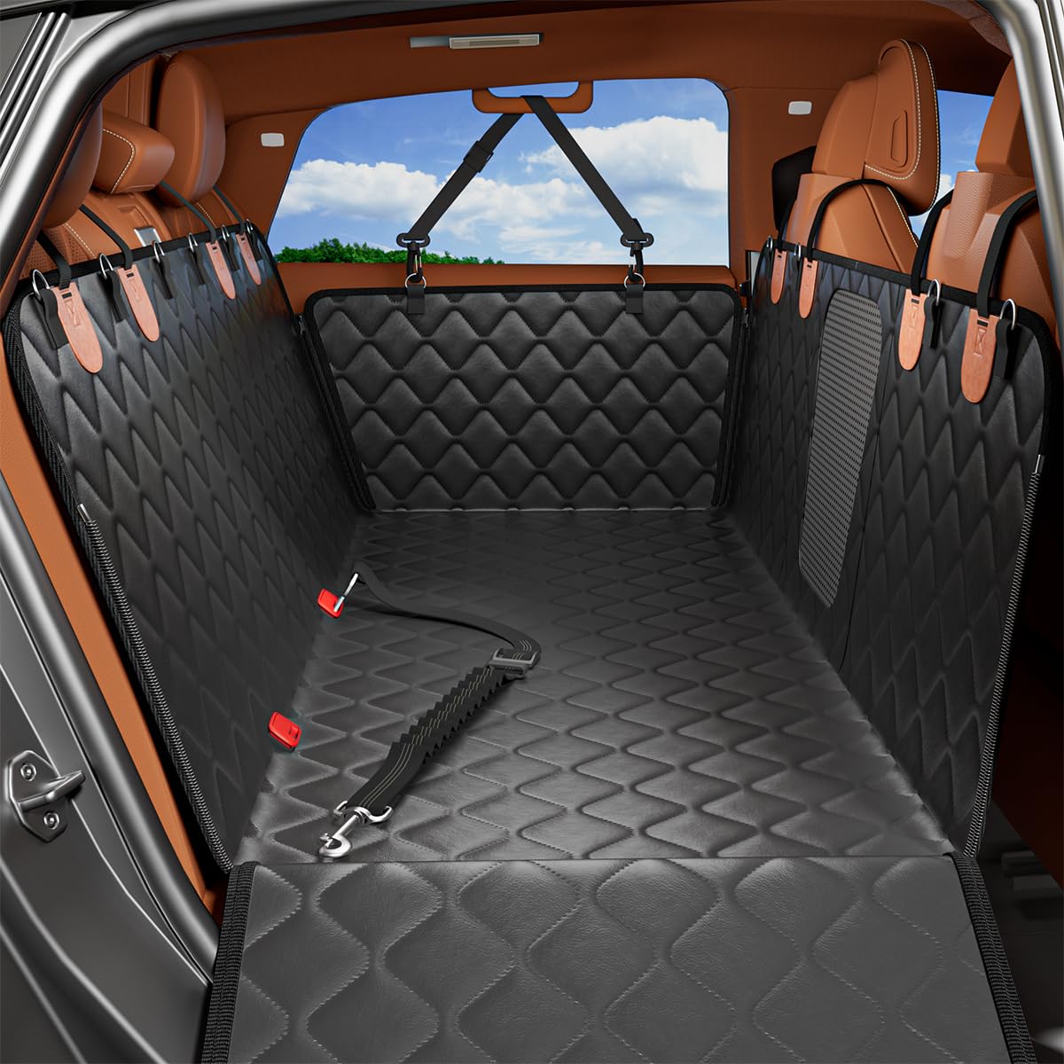 Photo 1 of Leather Back Seat Extender for Dogs, Waterproof Dog Car Seat Covers for Back Seat with Hard Bottom, Dog Hammock for Car SUV and Truck?with Anti Scraatch Mesh Window and Retractable Belt Harness