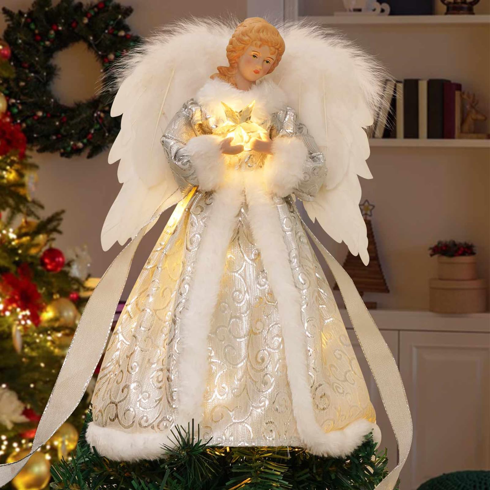 Photo 1 of **SIMILAR IMAGE**Angel Christmas Tree Topper with Lights, 8 Modes Tree Ornament with Timer, Battery Operated Lighted Treetop Ornaments Indoor Decorations