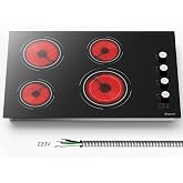 30 Inch Electric Cooktop, 6700W 240V Hard Wired, White Knob | 4 Burner Electric Stove 30 Inches Built-in, Timer, Safety Lock, Dual Ring, Cut-out Size: 29.13" x 19.3", 220V No Plug