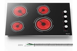 Disaenvir 30 Inch Electric Cooktop 4 Burner - Built-in Ceramic Stove Top 6700W, 30" Radiant Electric Cook Top with Timer, Safety Lock, Pause, Dual Ring, 220V - 240V Hard Wired, No Plug (White Knob)