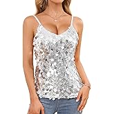 Sequin Tops for Women Sparkly Shiny Cami Tank Top Sexy V Neck Strappy Camisole Glitter Concert Outfits Party Night