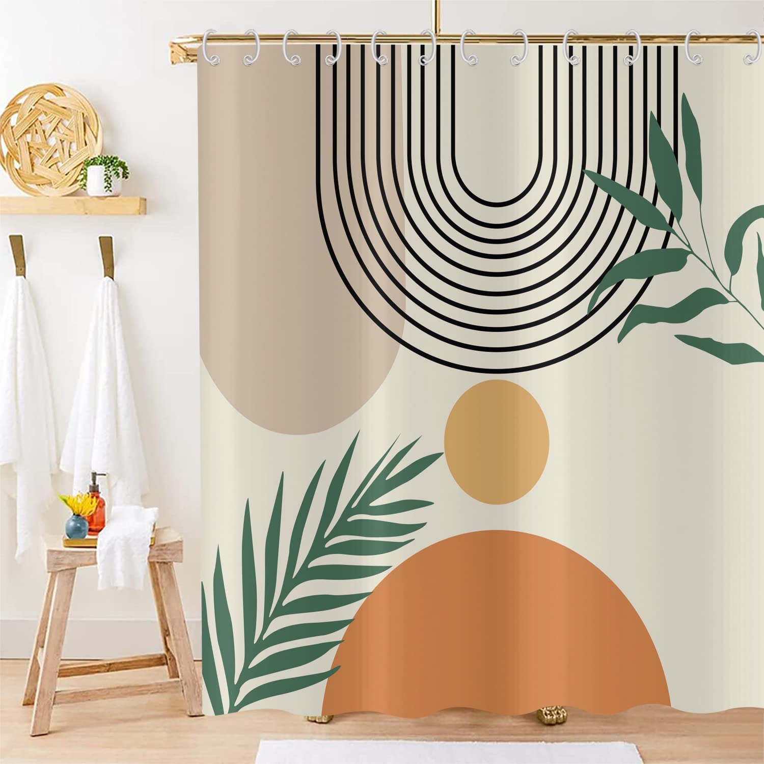 Hnmdmyi Boho Shower Curtain 180x180, Mid Century Abstract Leaf Arch Sun Beige Shower Curtains Modern Minimalistic Aesthetic Art Bathroom Curtains with Hooks Waterproof Fabric Washable Bath Curtains