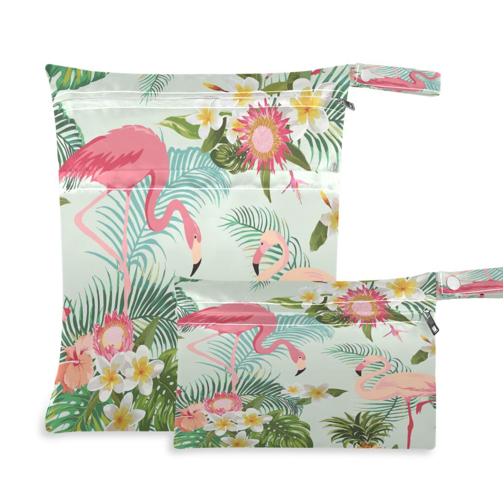 JUMBEAR Summer Flower Flamingo Wet Dry Bags Sets Waterproof Reusable Travel Beach Baby Cloth Diaper Wet Dry Bags Organizer with Two Zippered Pockets for Swimsuit and Gym 2PCS