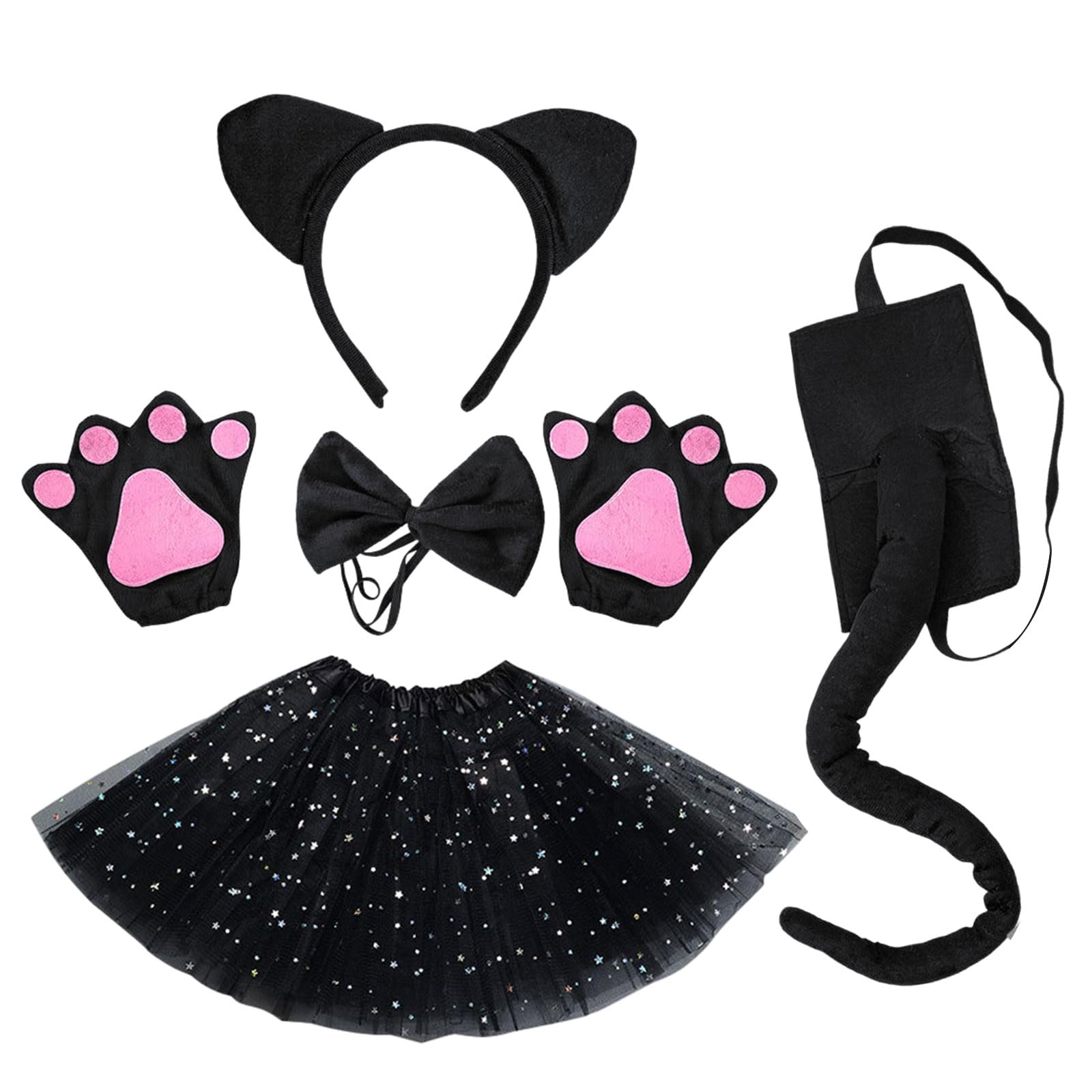 EUPSIIU 5 Pieces Cat Costume, Cute Cat Cosplay Kitten Ears Cat Tail Bow tie Cat Paw Gloves Princess Tutu Skirts Animal Costume Fancy Dress Up for Kids Girls Children Halloween Party Costume (Black)