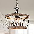 15.7 Farmhouse Chandelier 5-Light Rustic Drum Pendant - Wood Hanging Lamp For Dining Room