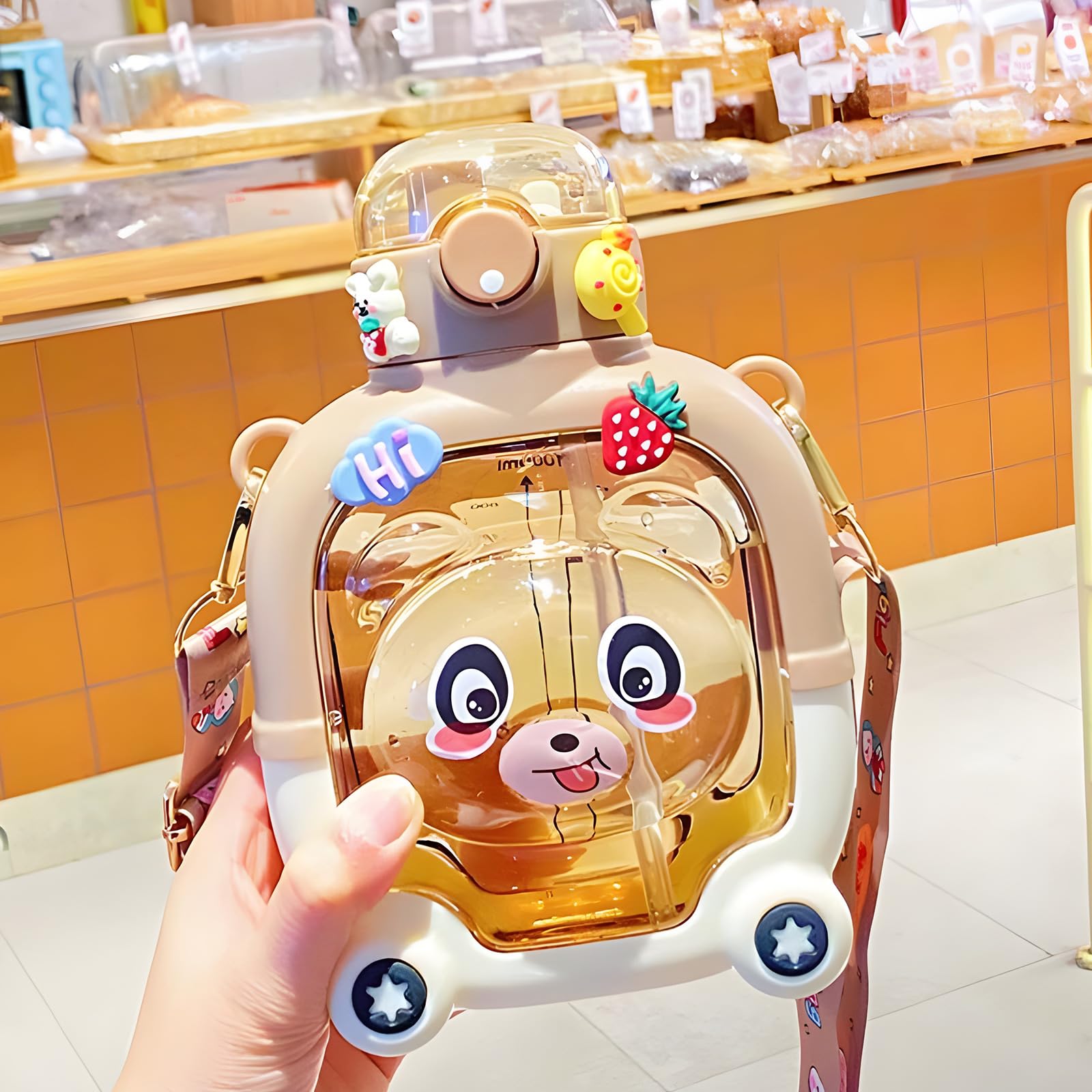 SIMDAO 1000ml Kawaii Bear Water Bottle, Cute Drinking Bottle with Straw, Stickers,Leakproof and BPA-free Water Bottle for Kids Girls boys School Outdoor Travel
