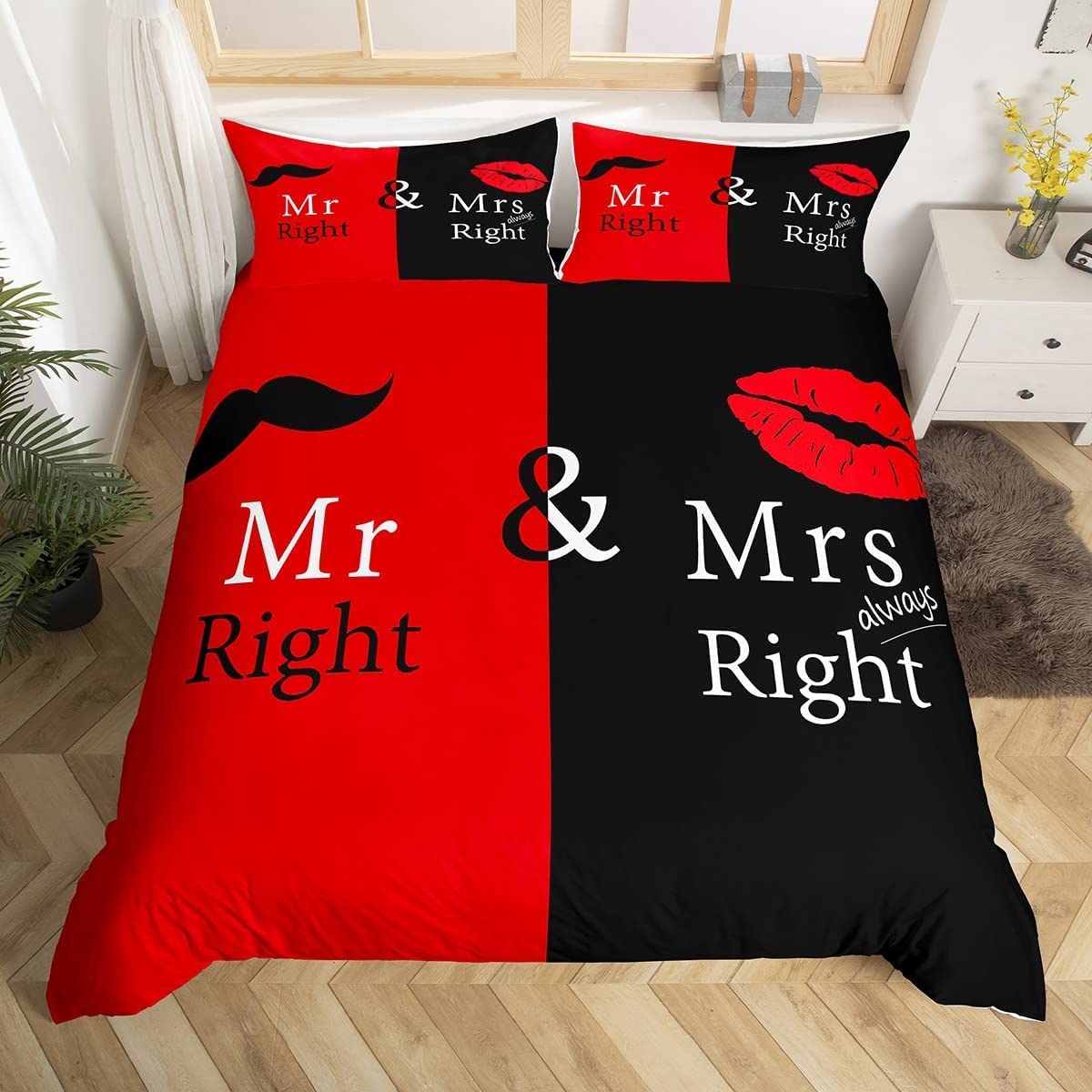 Loussiesd Mr Mrs Bedding Set Black Red Creative Duvet Cover Set Love Man Mustache Woman Lip Romance Bedding & Linen Funny White Quote for Lover Couple Valentine Day Home BedQuilt Cover King — image 1