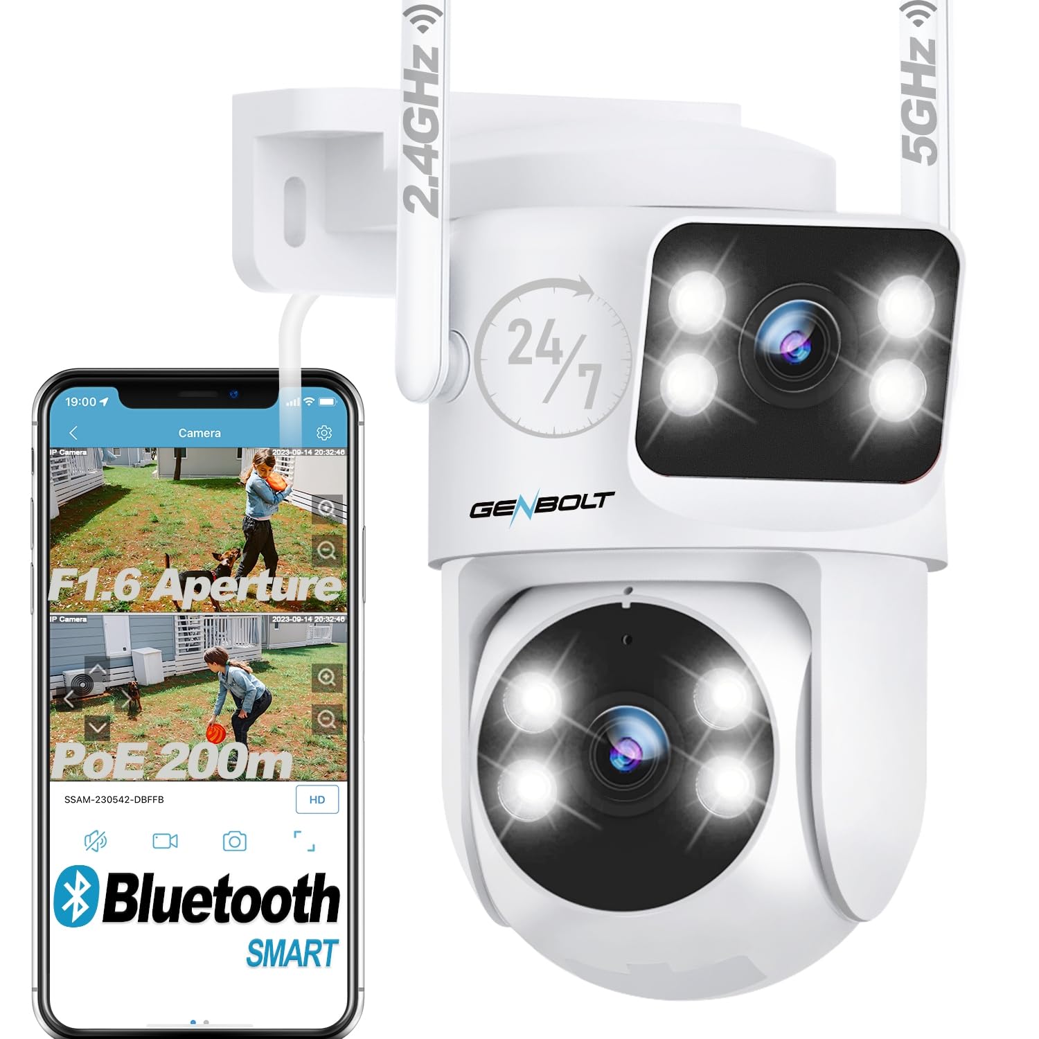 GENBOLT WiFi Security Camera Outdoor Dual Lens, 2.4/5GHz PoE Camera with Dual View, CCTV IP Camera 7/24 Recording Cloud Storage Upgraded with Color Night, Auto Tracking Humanoid Detection [DC&PoE]