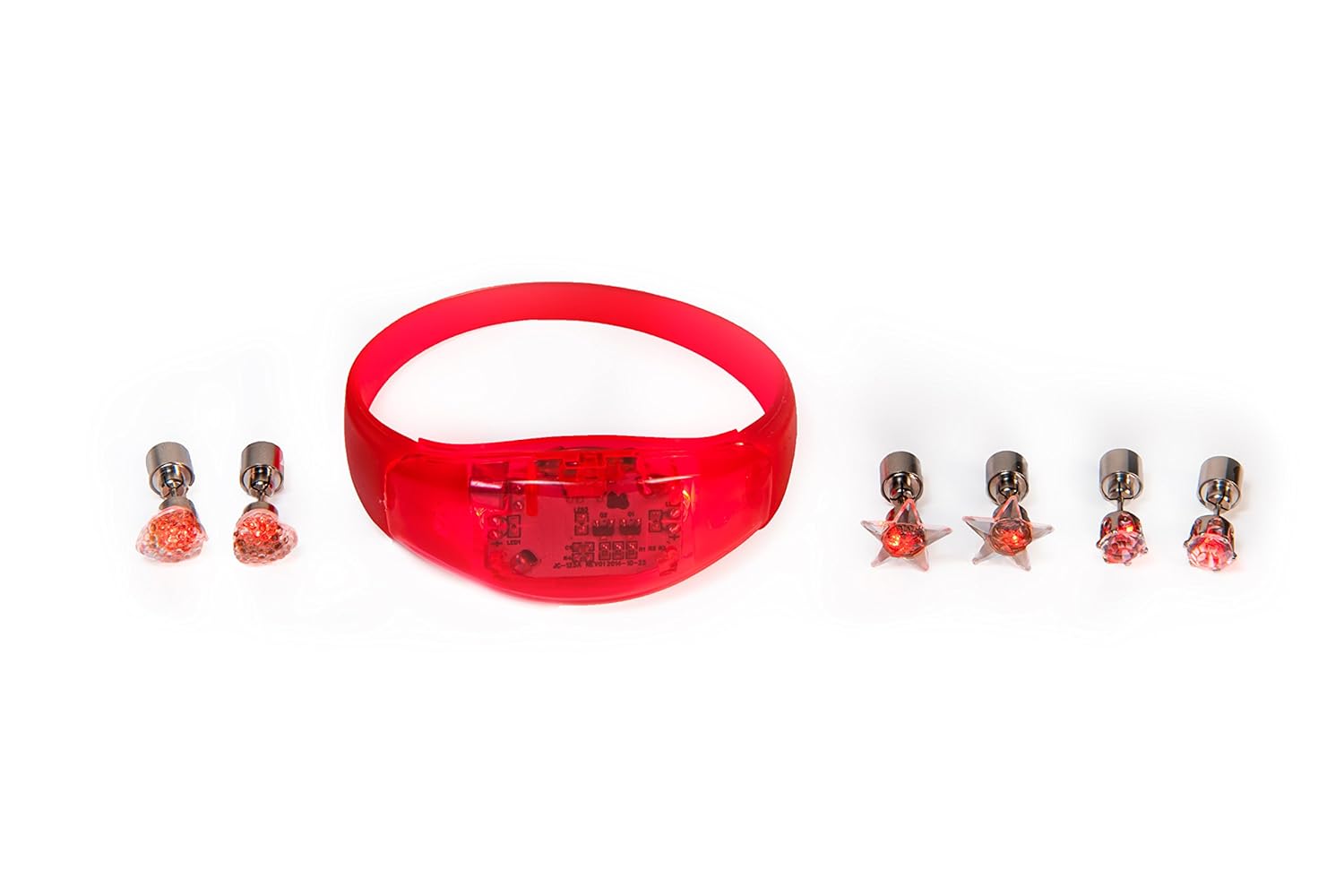 Switch Innovation Pack of 3 Pairs Color coordinated Light up Novelty Stud Post Earrings Diamond Star Heart Plus 1 Sound Activated LED Bracelet for Teens Adults with Replaceable Battery