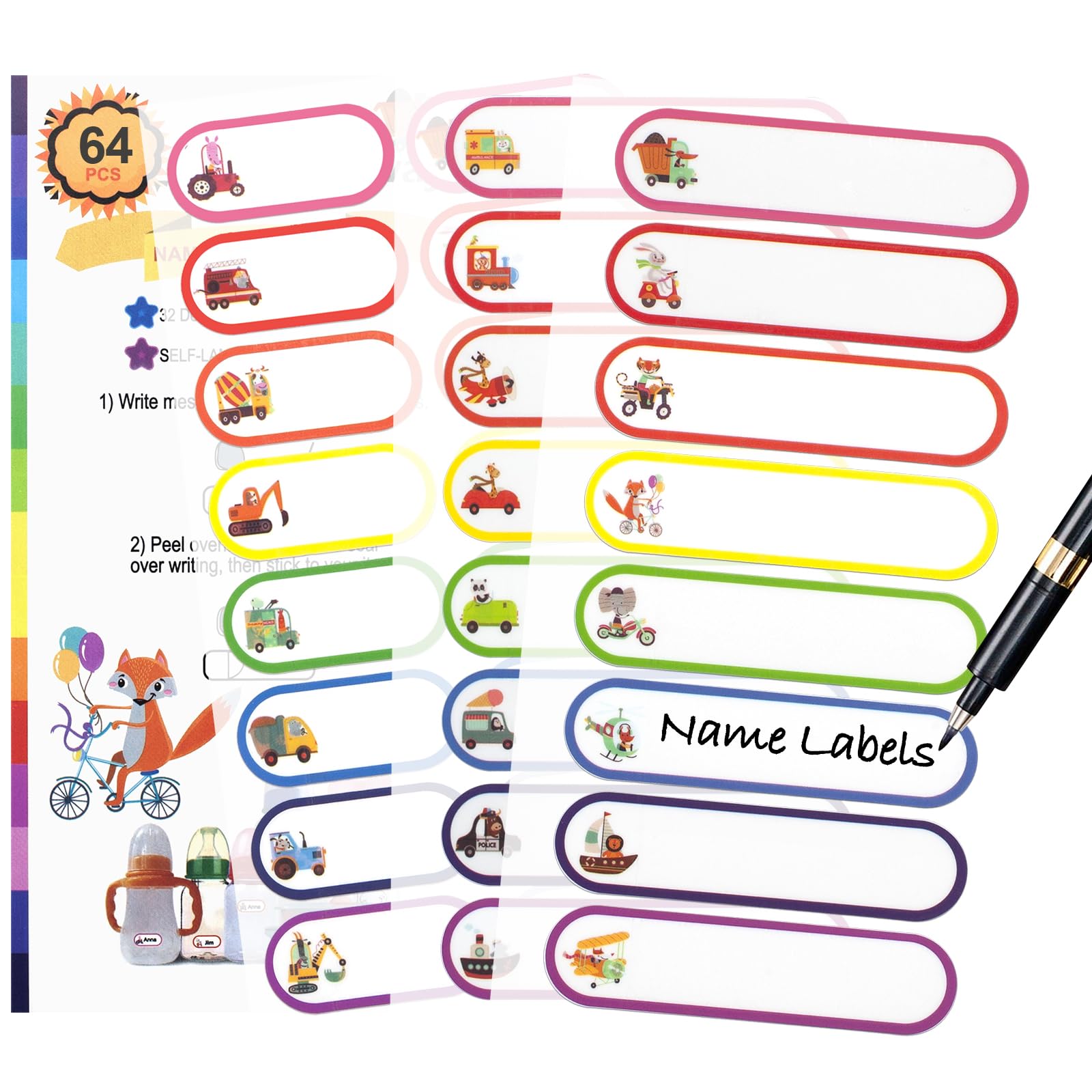 64 PCS Waterproof Daycare Labels, Self-Laminating Baby Bottle Labels for Supplies, Dishwasher Safe Name Stickers for Kids School Stuff, Toddler Tags for Water Bottle Lunch Box