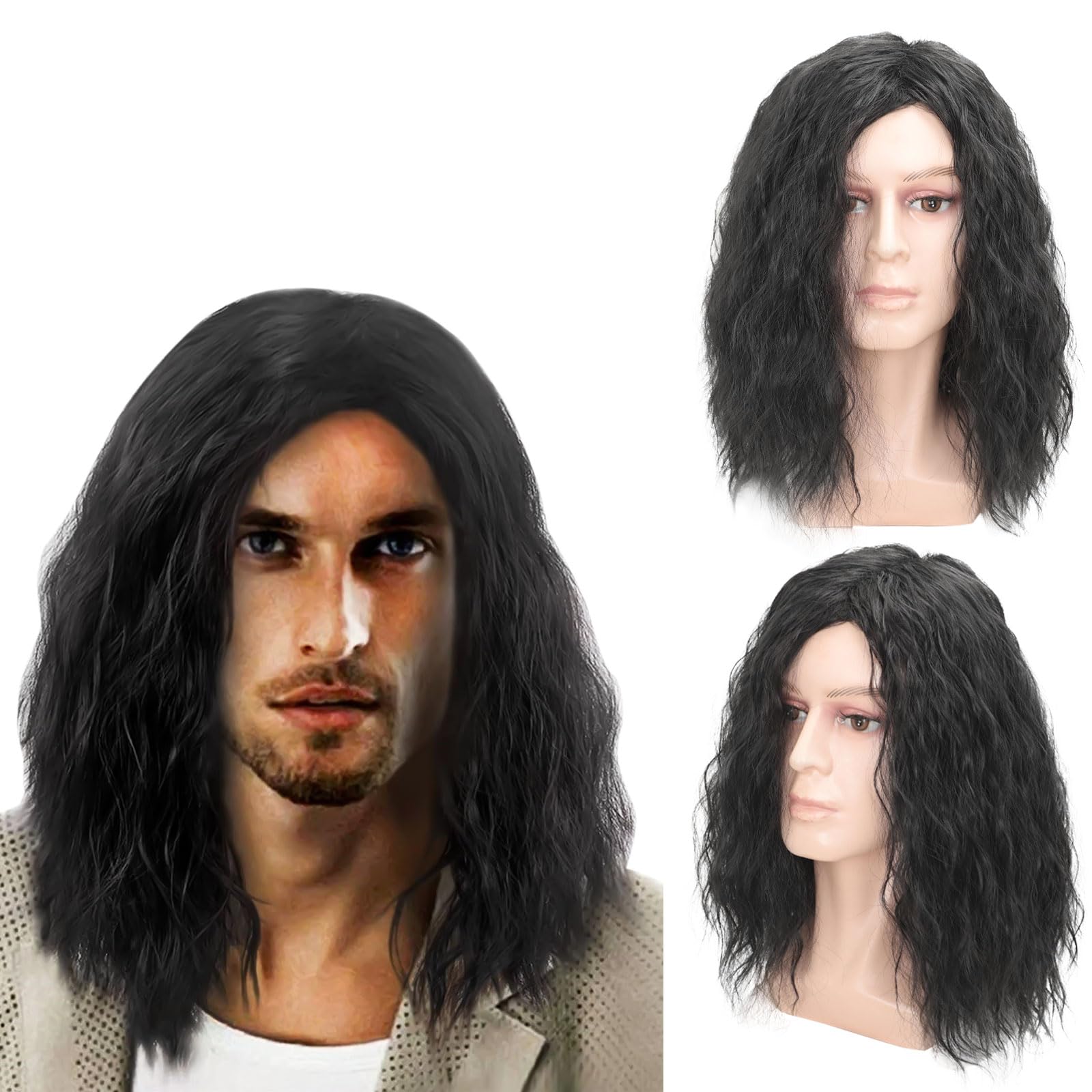 TSHAOUN Mens Black Wig Mid Length Curly Hair, Mens Wig for Adult, 16 Inch/40 cm Pop Rocking Dude Wigs for Men, Handsome Cosplay Wigs for Man 70s 80s Fancy Dress Daily Costume Party Halloween