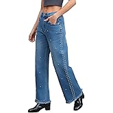 Studded Wide Straight Leg Jeans for Women Stretchy Mid Rise Baggy Raw Hem Rivet Denim Pants Trendy