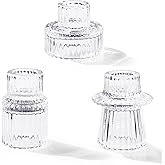 Toptime Candlestick Holders Set of 3, Ribbed Glass Taper Candle Holders, Reversible Clear Tealight & Candle Stick Candle Holder Vintage Crystal Tealight Candle Holder for Wedding Dinner Party