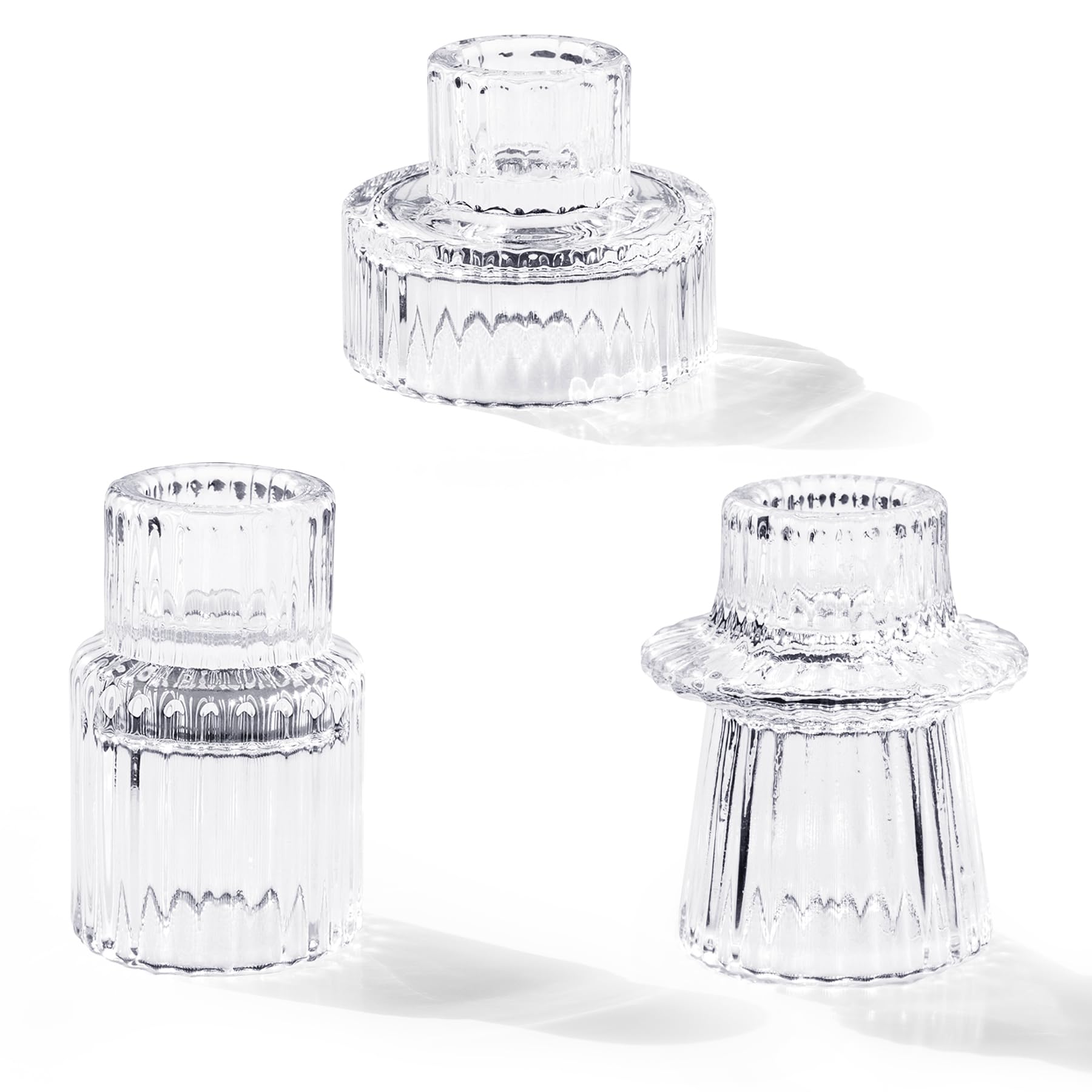 Toptime Candle Holders Set of 3, Glass Candlestick Holders Pinstripe Pattern, Reversible Tealight & Taper Candle Holders, Transparent Crystal Tea Light Candle Holder for Wedding Dinner Party Festival