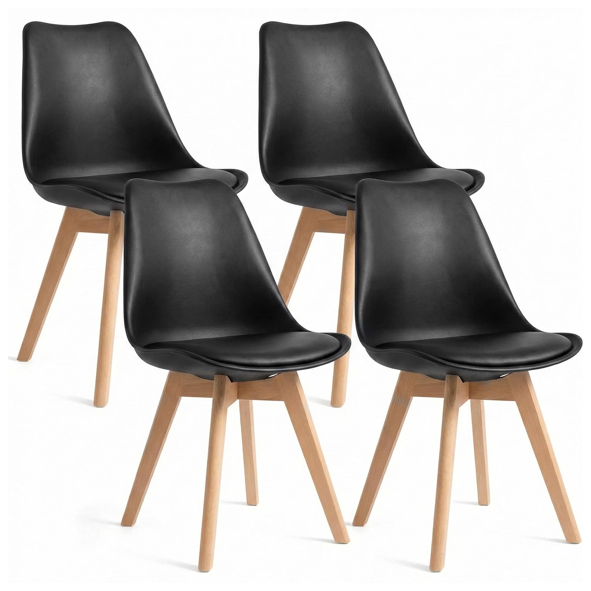 Dining Chairs Set of 4, Modern Upholstered Dining Room Chairs with PU Leather Padded Seat, Armless Kitchen Chairs with Curved Backrest and Solid Wood Legs for Dining Room, Kitchen, Apartment, Black