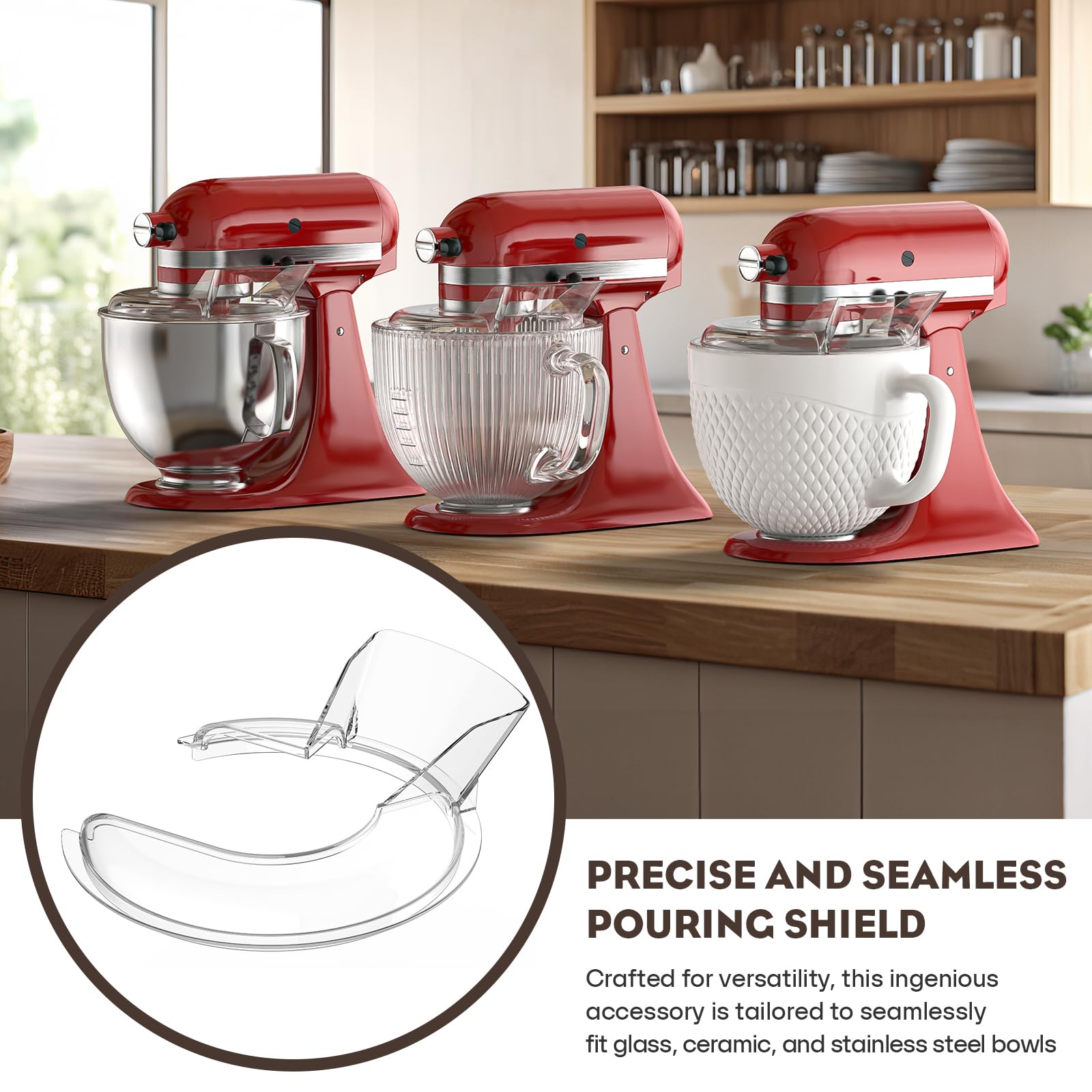 Pouring Shield for KitchenAid 4.5-5QT Mixer Bowl (Stainless Steel, Glass, Ceramic) and Flex Edge Beater for Kitchenaid Mixer, 4.5-5 QT Tilt-Head for Kitchenaid Mixer Attachments by FOCOLLK