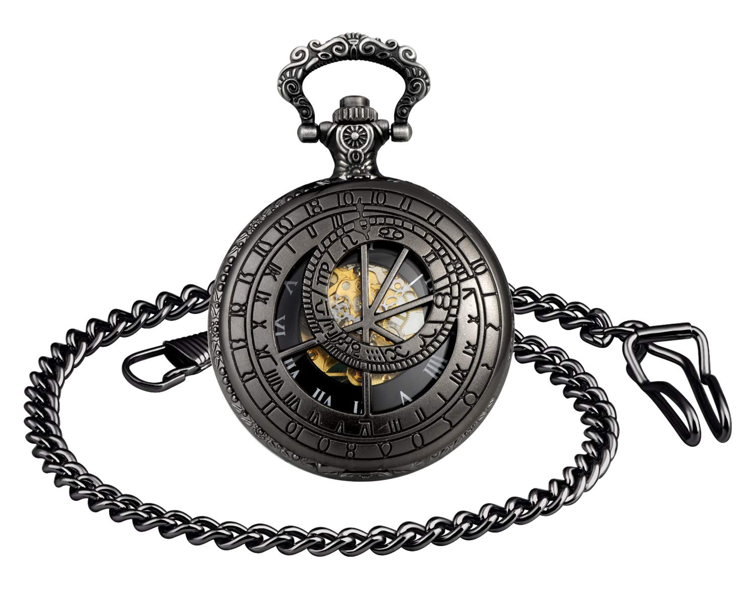 MICGIGI-Unisex Mechanical Hand-Wind Pocket Watch 12 Constellations Skeleton Pocket Fob Watches with Chain