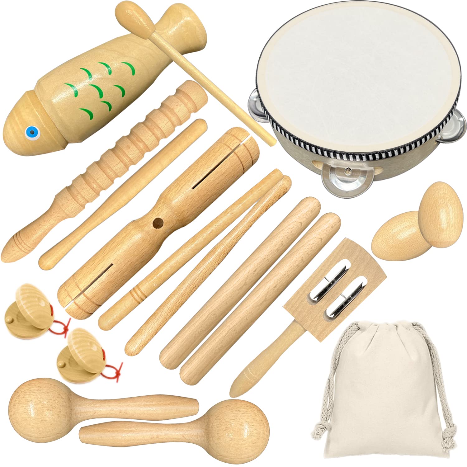 Wooden Musical Instruments for Toddlers, Ulifeme Percussion Instruments Toy for Baby & Kids, Children's Pure Wood Toys Set, 3-12 Years Old Premium Percussion Rhythm Kit, Girls & Boys Gift, Cotton Bag