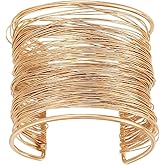 Gold/Silver Cuff Bracelet for Women Wide Chunky Bracelets Wire Wrapped Adjustable Bangle Gemstone Thread Statement Thick Arm Cuff Y2k Fashion Jewelry African Bracelets for Women Chic Wrist Cuffs