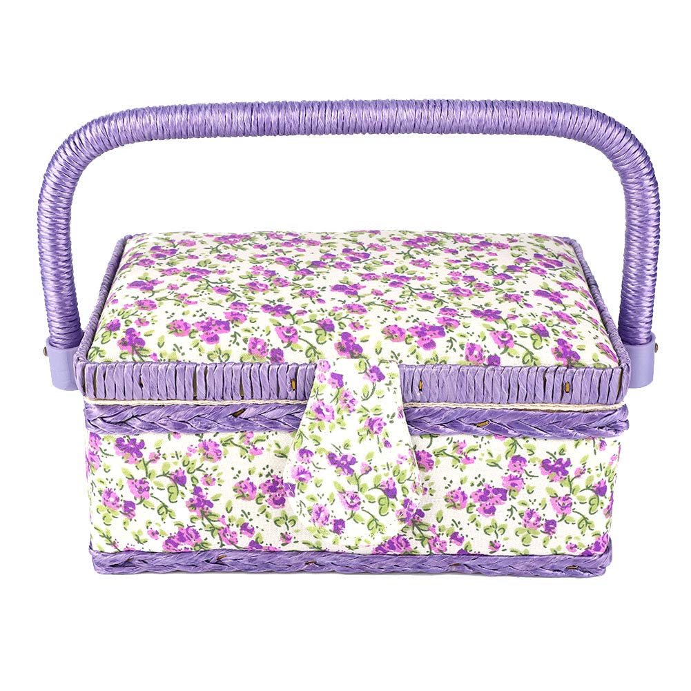Purple Fabric Craft Storage Box Flower Printed Sewing Basket Large Knitting Tools Handmade Sewing Organizer Storage Fabric Craft for Sewing Tools