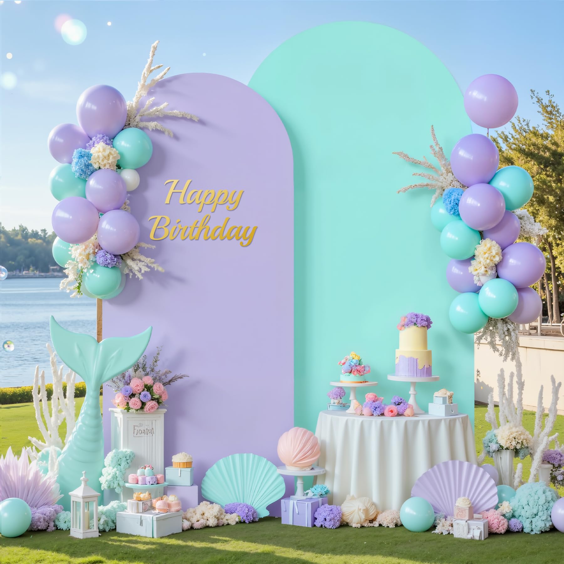 Photo 1 of Purple and Blue Arch Cover 2 Set-7.2FT, 6FT Arch Backdrop Cover Spandex Fitted Mermaid Arch Stand Covers for Under The Sea Birthday Party Wedding Baby Shower Ceremony Photo Background Decorations