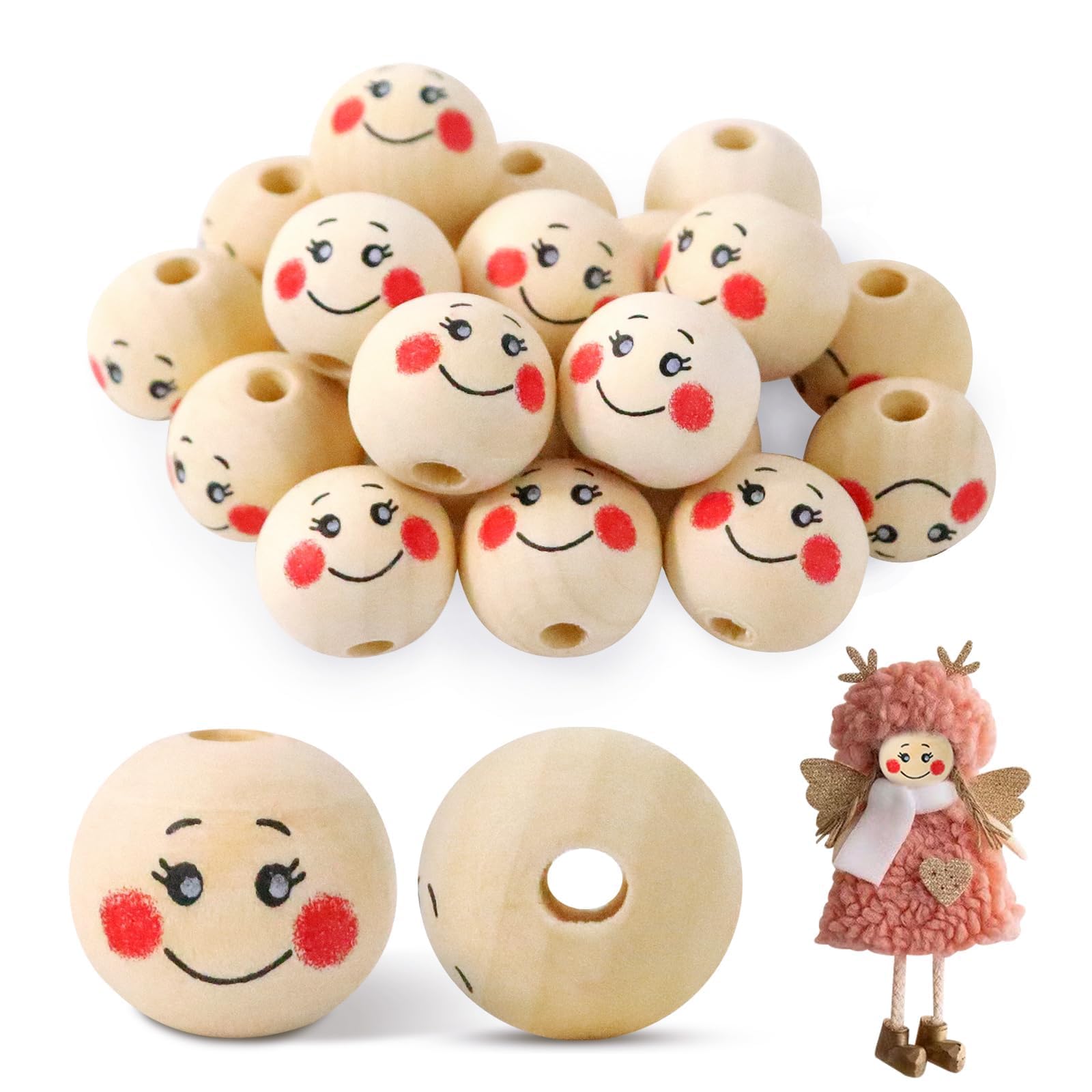 Redamancy 20 Pcs Smiley Wooden Balls, 20mm & 5mm with Hole, Natural Wooden Beads for Crafts & DIY Decorations, Worry Worms, Lucky Worms