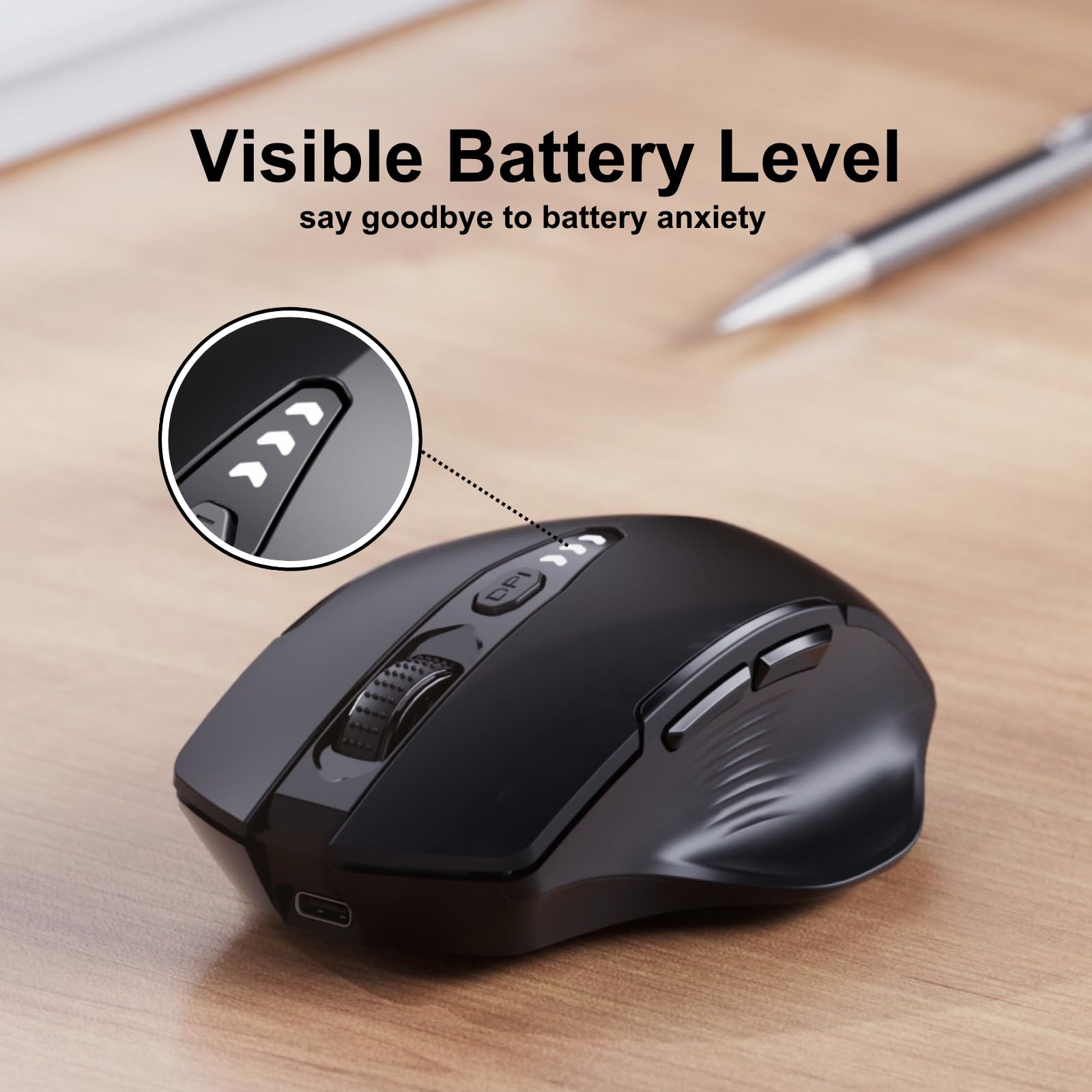 Uineer kabellose Maus, [Verbessert] Mit visueller Batterieanzeige, 2.4G USB Ergonomische Maus kabellos, 4 einstellbare DPI-Stufen,PC Mouse für Büro- oder Gaming,Mattschwarz 3