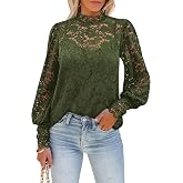 DOROSE Women's Floral Lace Long Sleeve Tops Dressy Casual Mock Neck Blouse | Soft Stretch Sheer Puff Sleeve Shirts with Cami