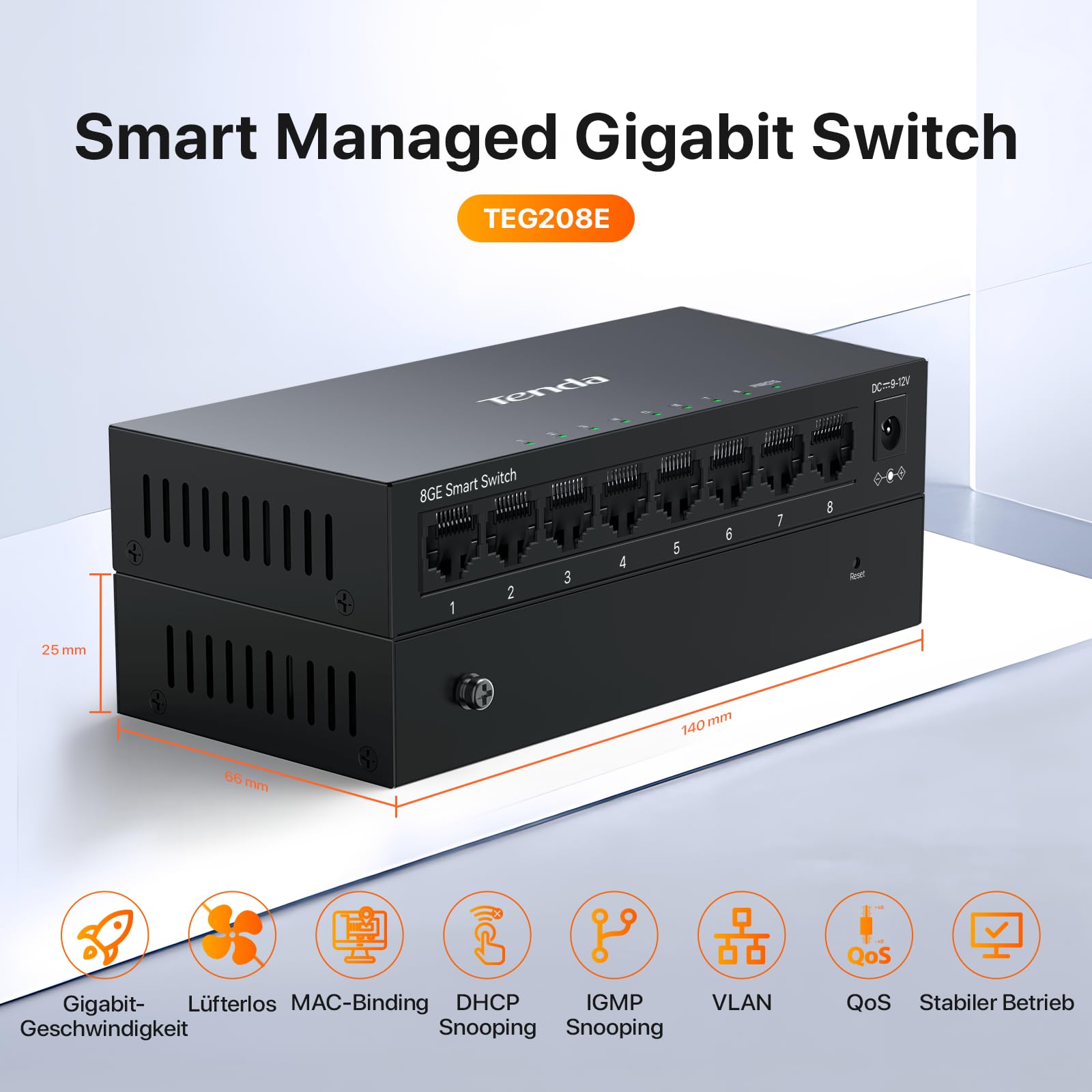 Tenda TEG208E Managed Switch 8 Port Gigabit LAN Switch (IGMP-Snooping, QoS, VLAN, DHCP- Snooping, LAG, MAC Address Binding, Lüfterlos, Energieeffizient, Metall) Netzwerk Switch LAN Verteiler 2