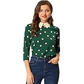 Allegra K Women's Polka Dot Top Casual Peter Pan Collar Blouse 3/4 Sleeve Tops Spring Summer Clothes
