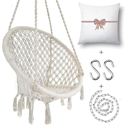 BLUE TOADS Hanging Round Cotton Macrame Swing Hammock Chair with Durable Hardware Kit (Large, White)