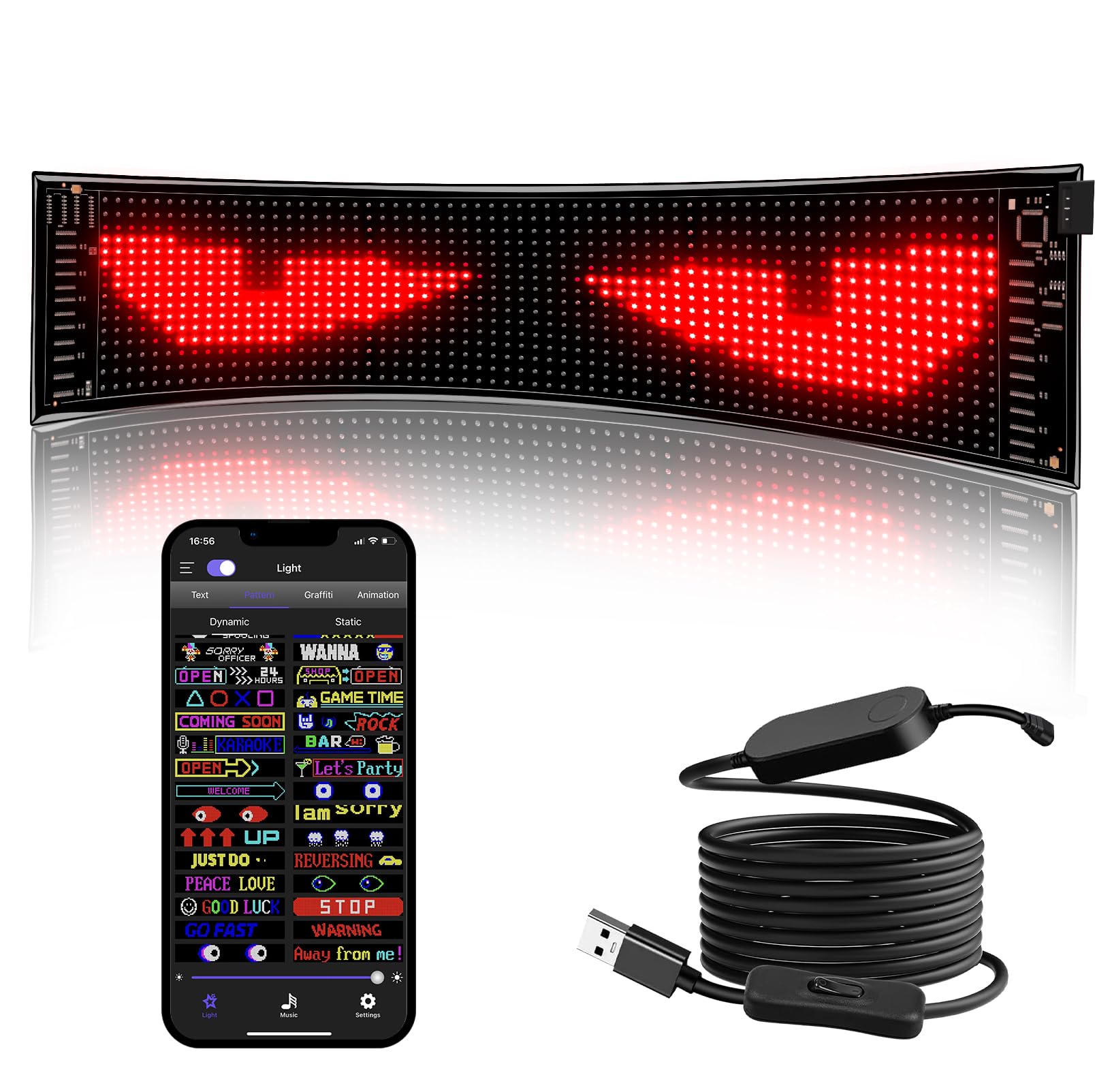 Scrolling LED Sign,23"x4"Flexible Bluetooth App Control USB 5V Huge Bright Personalised LED Store Sign for Car Custom Text Pattern Animation Programmable LED Display for Advertising Bar Party