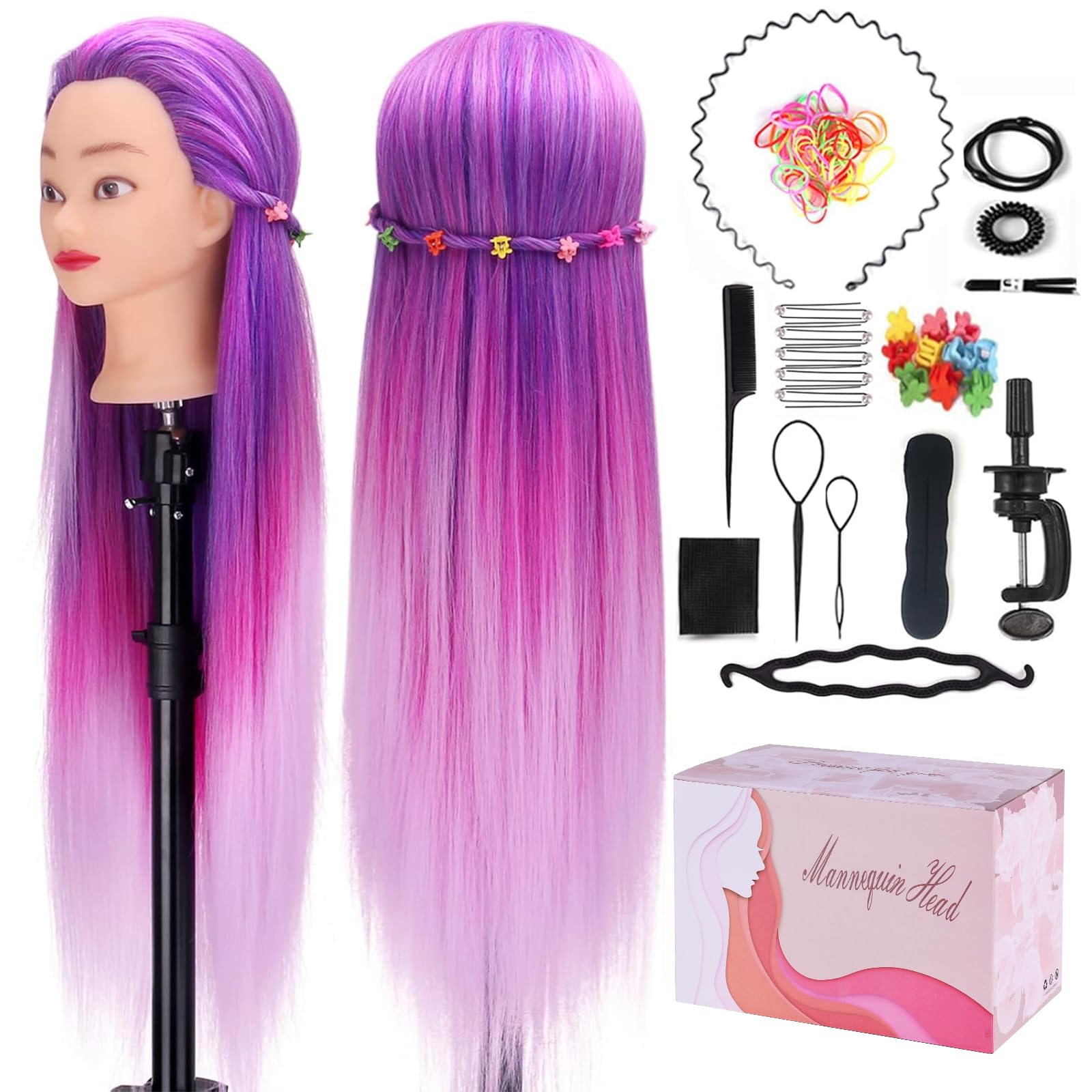 Hairdressing Training Head, Mysweety 26" Hairdresser Training Head Synthetic Fiber 100% for Hairstyling Salon, with Table Clamp & Braiding Kit, Purple #25