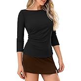 Boat Neck 3/4 Sleeve Tops for Women Ruched Side Ribbed T-Shirts Fitted Casual Basic Tees Summer Fall Outfits Going Out Top Black-a