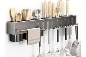 SEIDO Carbon Steel Utensil Rack – Space-Saving 24" L Kitchen Organizer with hooks & hanging bar, Gunmetal Gray Knife Holder, 