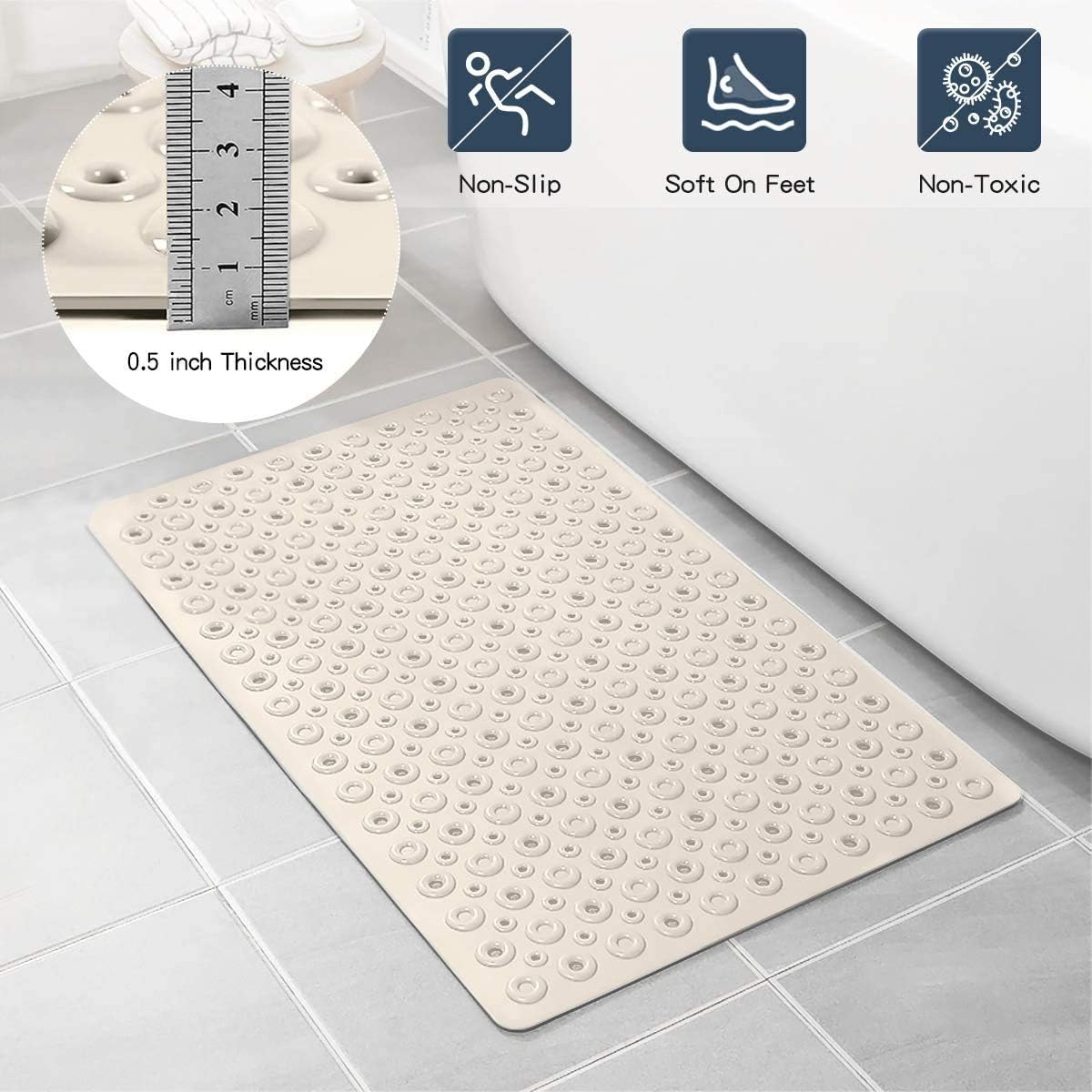 Bsicpro Bath Tub Shower Mat Non-Slip Bath Mat for Tub and Shower 35"x16"Upgrade Reinforced Large Suction Cups and Circle Hole Massage Enlarged Design of Central Drain Hole (Beige): Kitchen & Dining